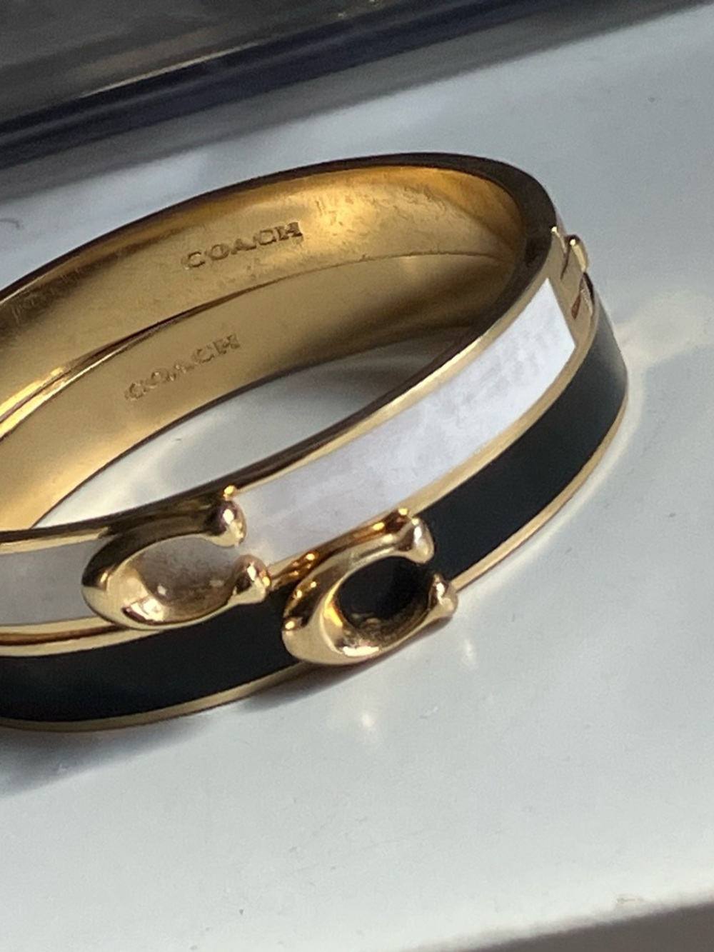 Coach Black and White Gold-Tone Enamel C Bangle